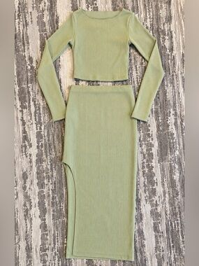 Ribbed Knit Crop Top & Midi Skirt Set Sage Green